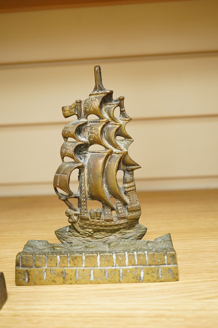A pair of Maritime interest brass bookends in the form of galleons, 17cm high